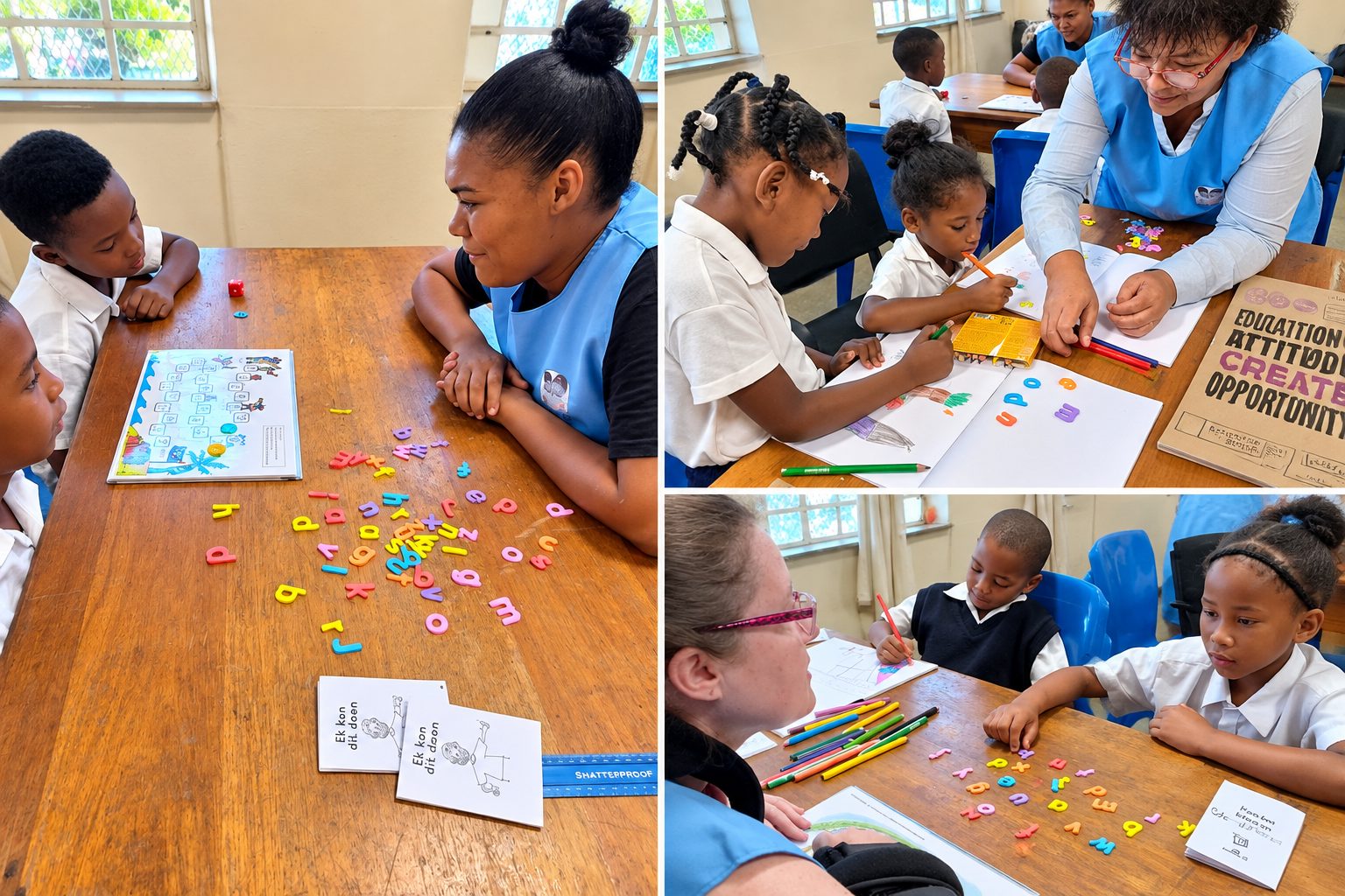 Teachers supporting learners with literacy and numeracy activities using letter tiles and worksheets